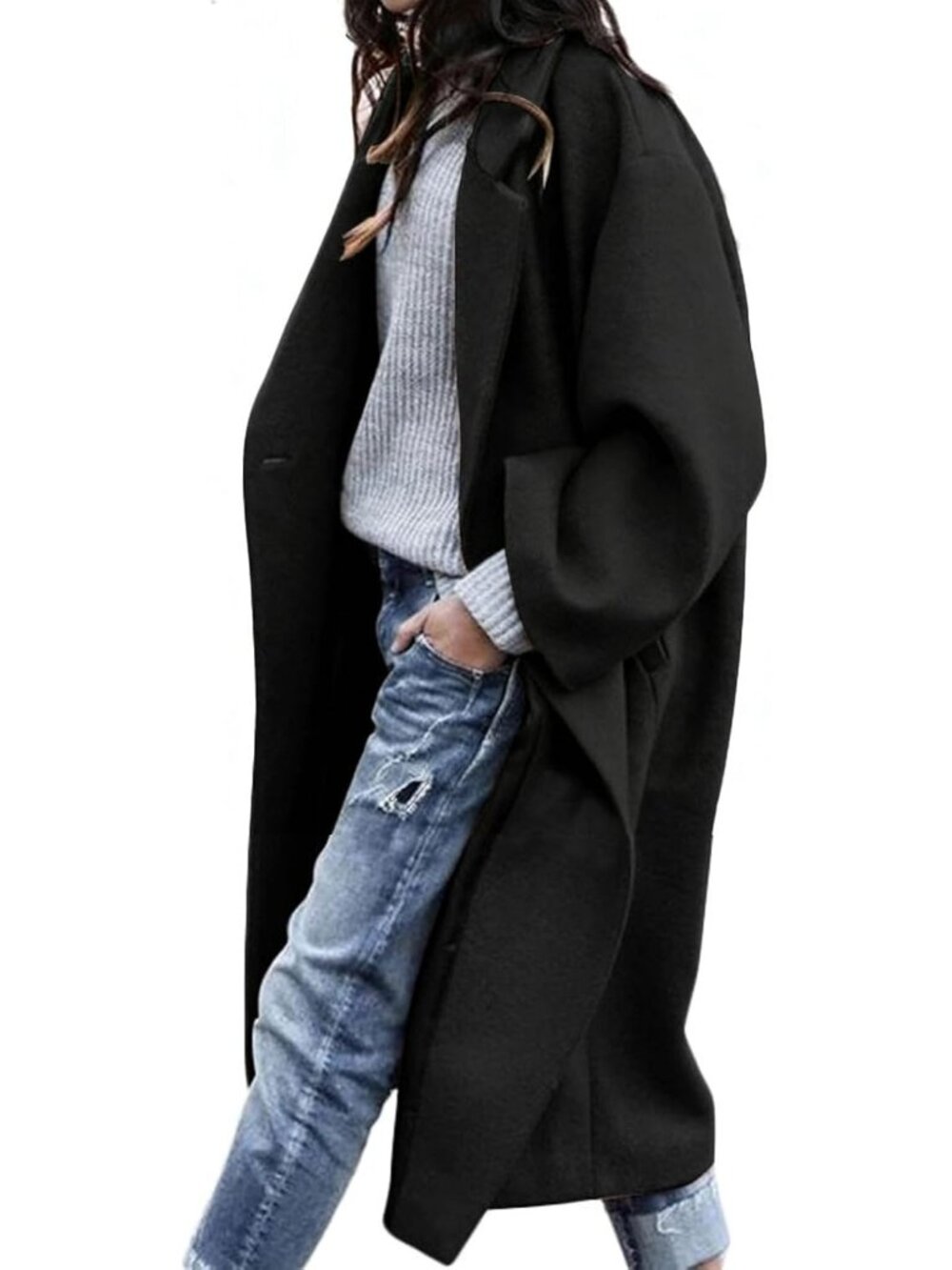 Women's Black Notched Collar Wool Blend Single Breast Midi Long Trench Coat